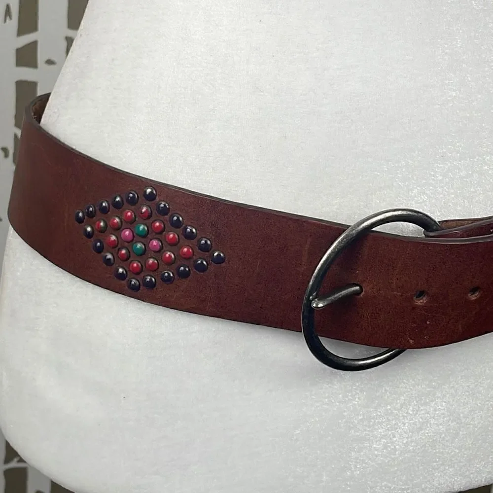 Boho Colorful Studded Brown Leather Belt L
